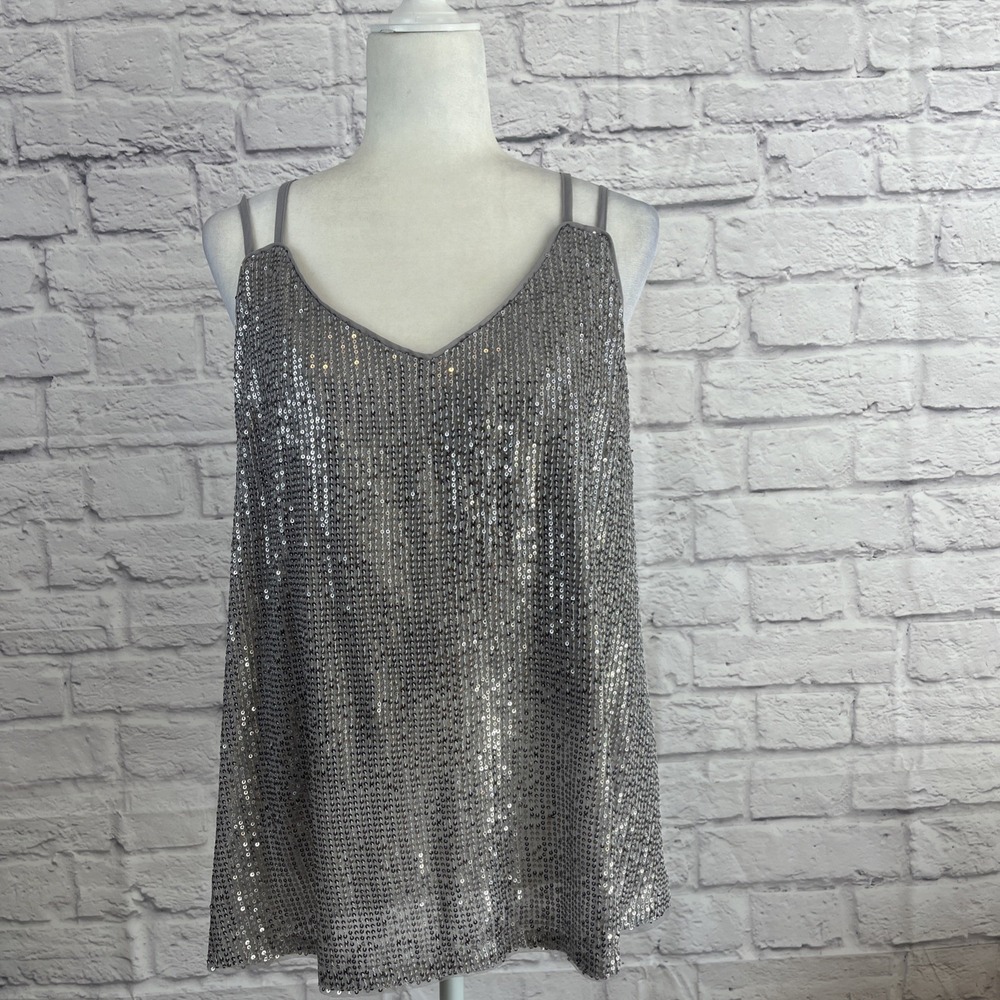 Grace Karin NWT Y2K Glam Silver Sequin Camisole Tank Top Size XL Party Festival
